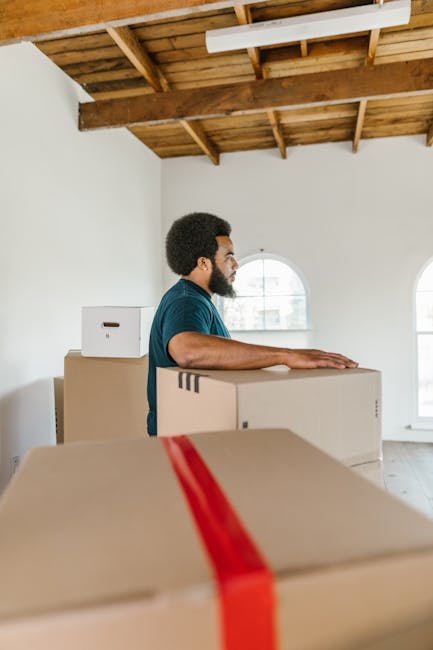 A man with a dark curly hair and beard, wearing a blue t-shirt with a print on the front and dark trousers, is inside an empty room with white walls and wooden flooring. He is holding a cardboard box